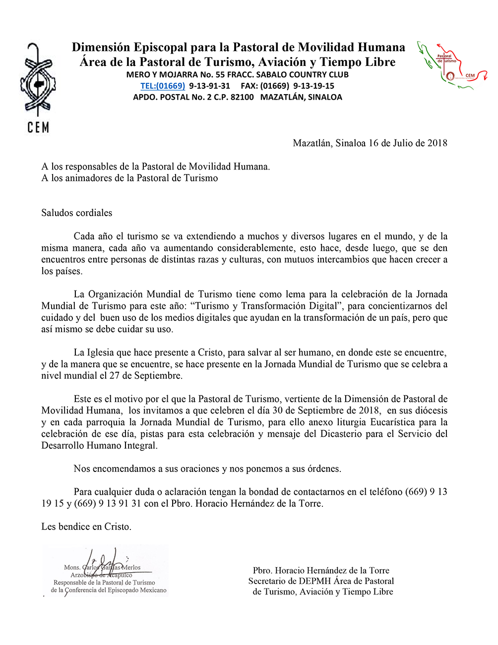 Carta Inv. Obispos dia Mun de Turismo 2018